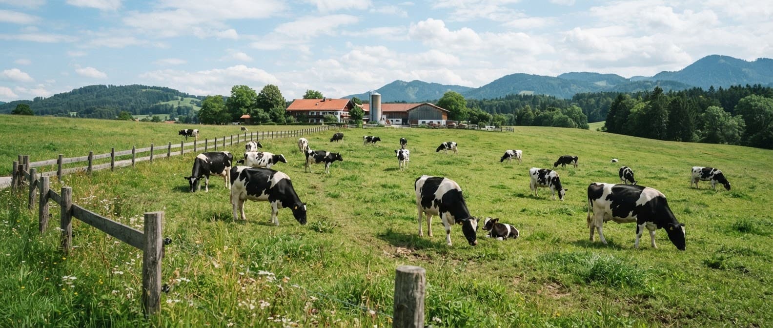 Weide mit Kühen vor alpiner Berglandschaft
